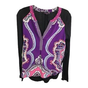 Hale Bob Women's Mixed Media Blouse Purple Black Silk Mirror Scroll‎ Paisley XS